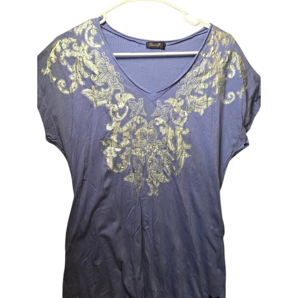 Seven7‎ Womens V-Neck Top Purple Silver Foil Graphic Rhinestone Tee Size M